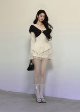 V-Neck Lace Trim Long Sleeve Knit Top